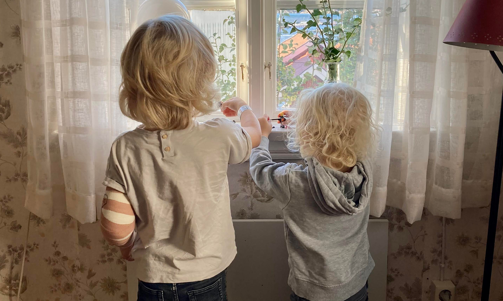 bild på två barn som står med ryggen mot kameran. de tittar du genom ett fönster